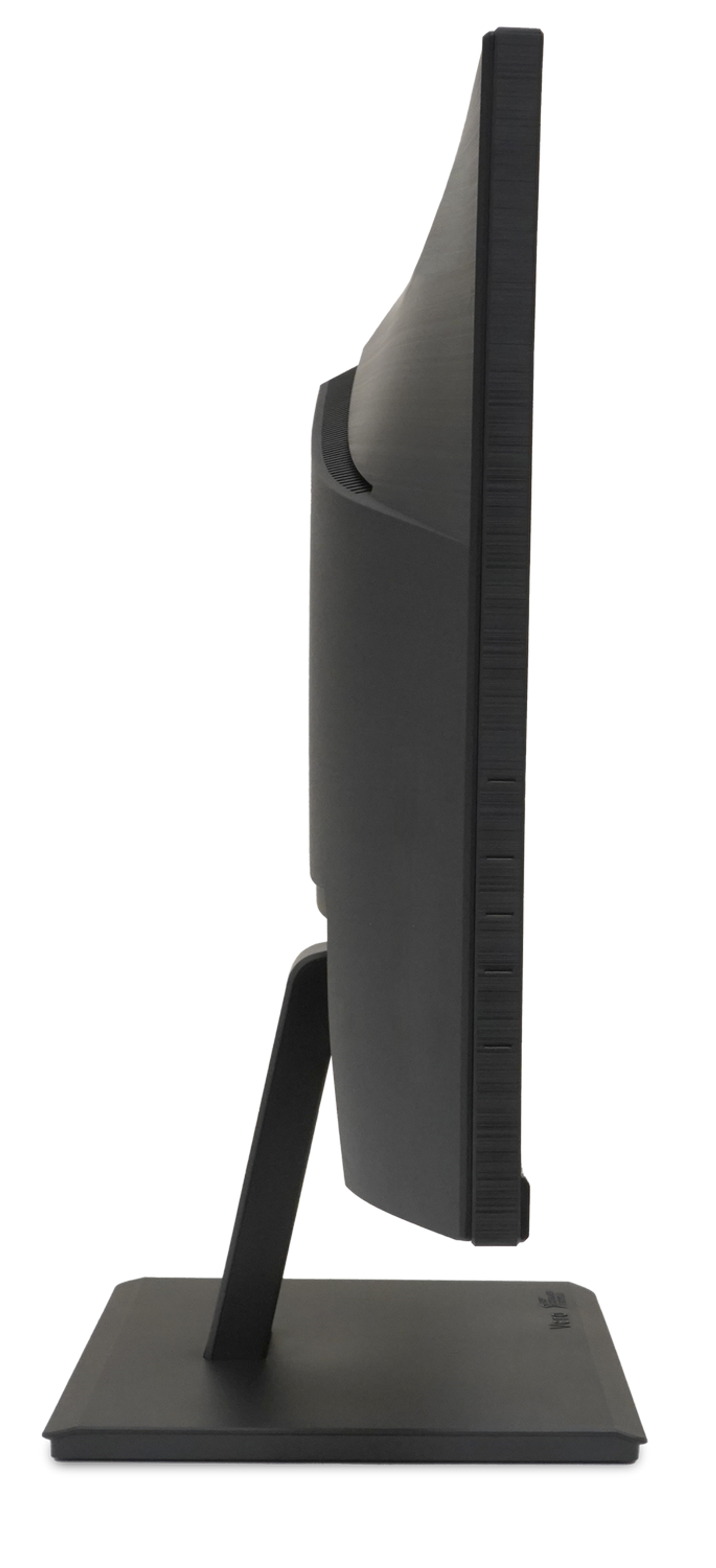 Widok z boku czarnego monitora z czarną podstawą. Czarne tło.