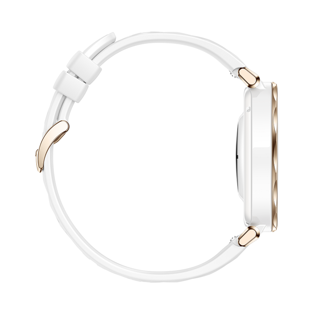 Widok z boku białego i złotego smartwatcha z białym paskiem.
