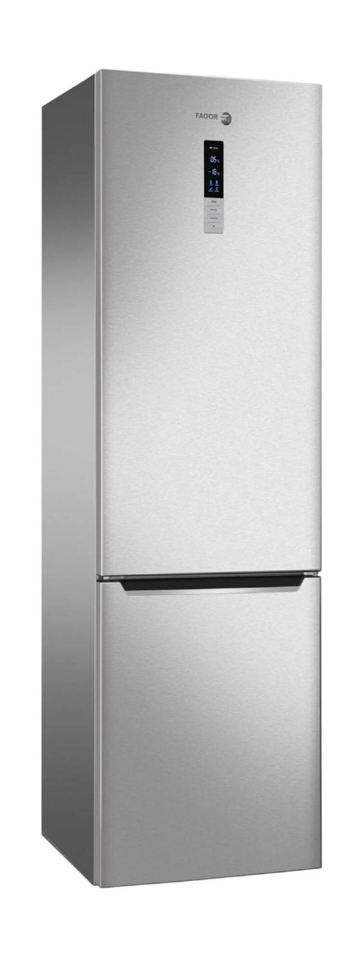 Wysoka, srebrna lodówka z dwiema drzwiami. Dolne drzwi to zamrażarka.