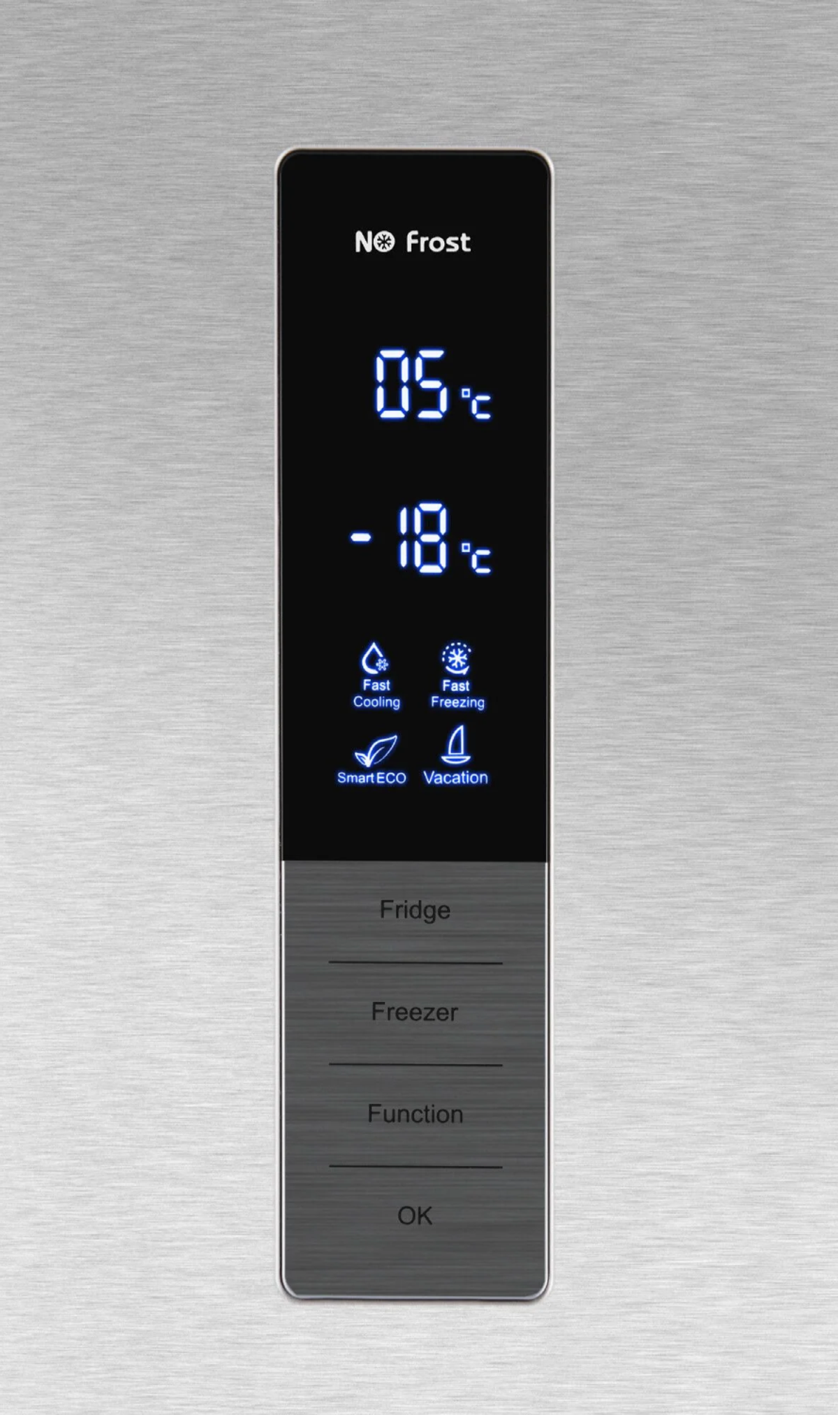 Panel sterowania lodówki. Wyświetla odczyty temperatury w stopniach Celsjusza. Różne przyciski funkcyjne.