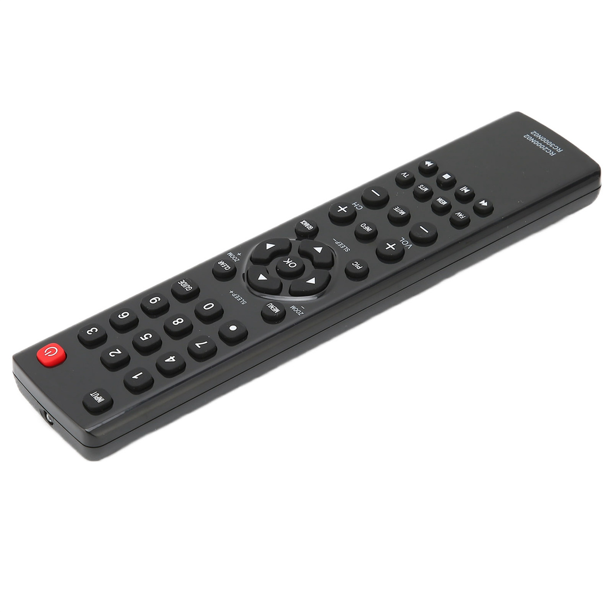 Schwarze TV-Fernbedienung mit vielen Knöpfen.