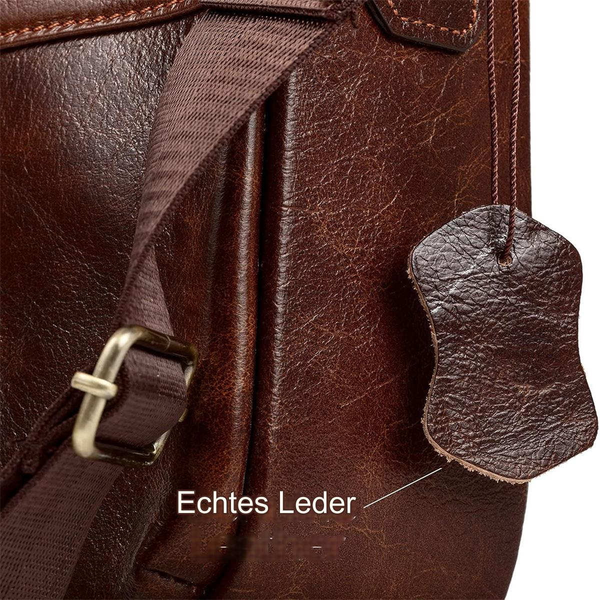 Nahaufnahme einer braunen Ledertasche mit Lederanhänger, Text lautet 'Echtes Leder'.