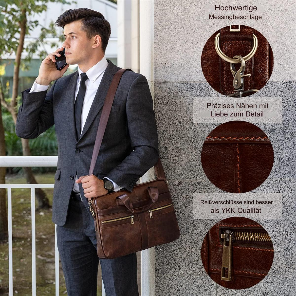 Mann im Anzug mit brauner Ledertasche, hält ein Telefon. Tasche hat Details von Nähten und Reißverschlüssen.