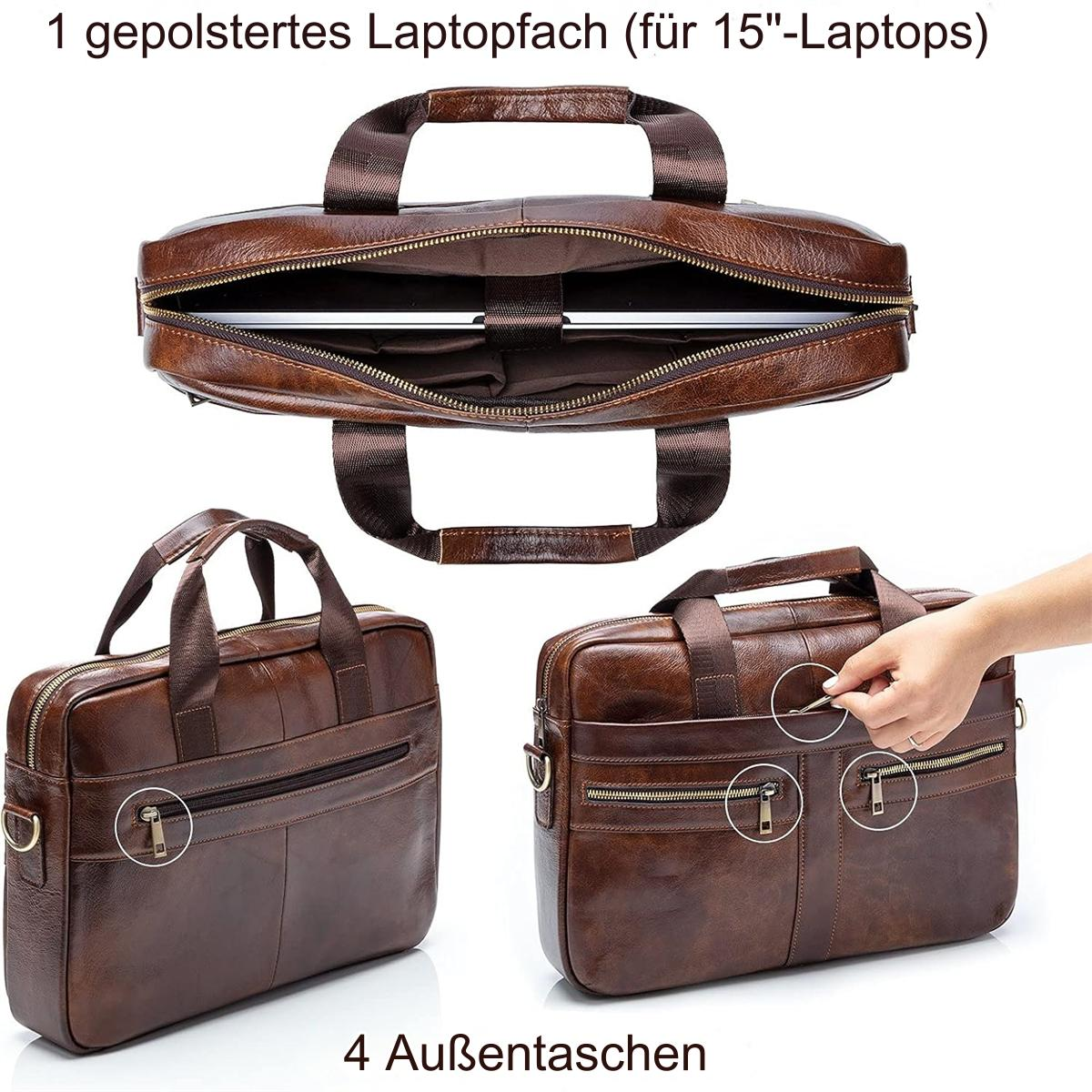 Braune Leder-Laptoptasche, Top-, Seiten- und Vorderansicht. Reißverschlüsse, Griffe und Taschen sichtbar.