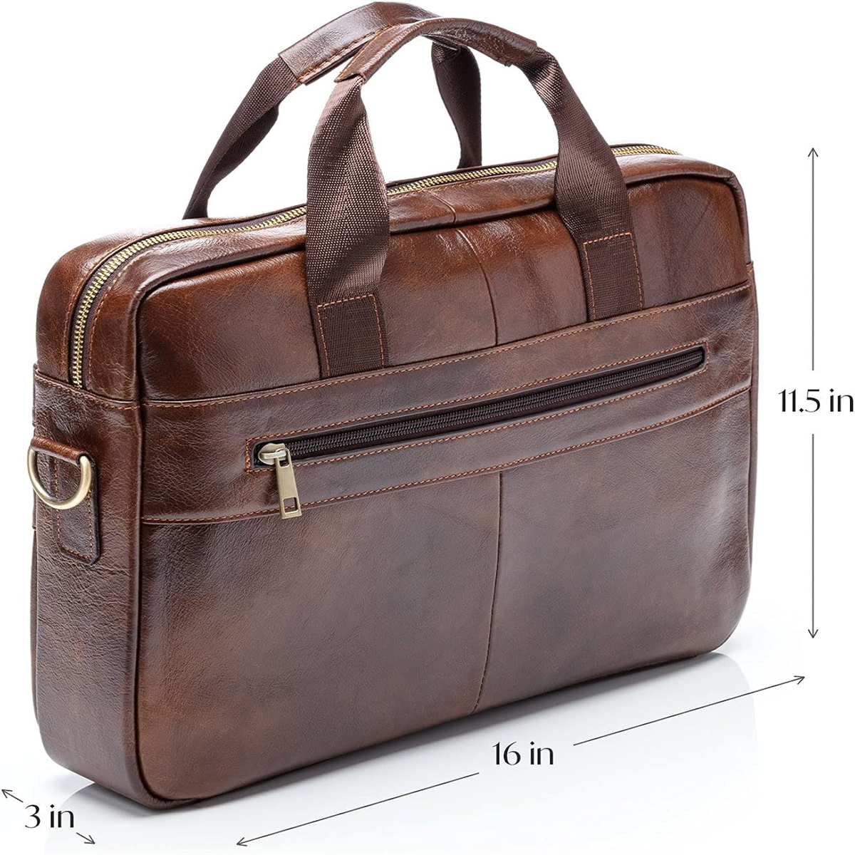 Braune Ledertasche, Seitenansicht, mit den Maßen: 16x11,5x3 Zoll.