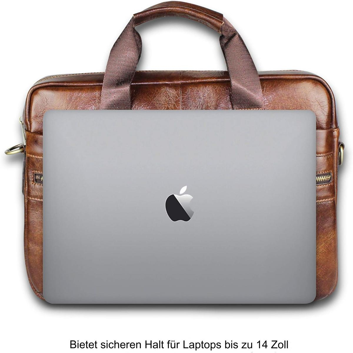 Eine braune Laptop-Tasche mit einem silbernen Laptop darin. Weißer Hintergrund.