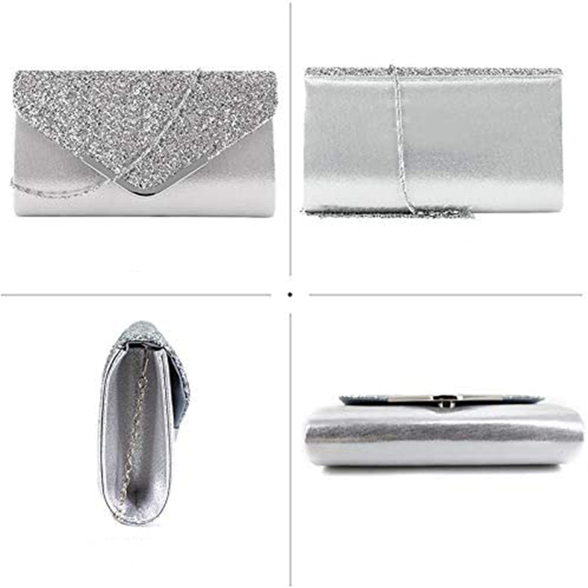 Silberne Clutch-Geldbörse, vier Ansichten: vorne, Seite, oben und unten. Funkelnde silberne Klappe.
