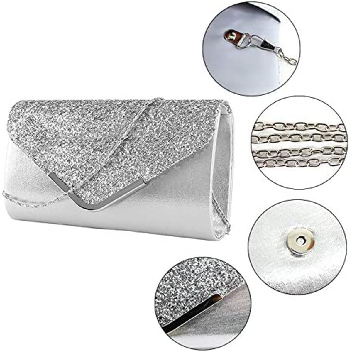 Silberne Glitzer-Clutch-Geldbörse mit silbernem Kettenträger. Details von Verschluss und Kette werden gezeigt.
