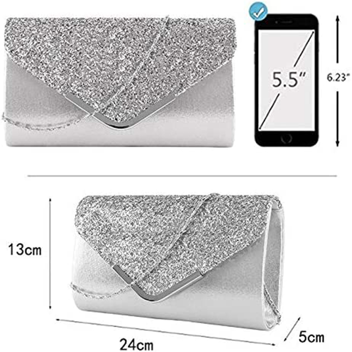 Silberne, glitzernde Clutch-Geldbörse. Ein Smartphone zum Größenvergleich rechts. Abmessungen angezeigt.