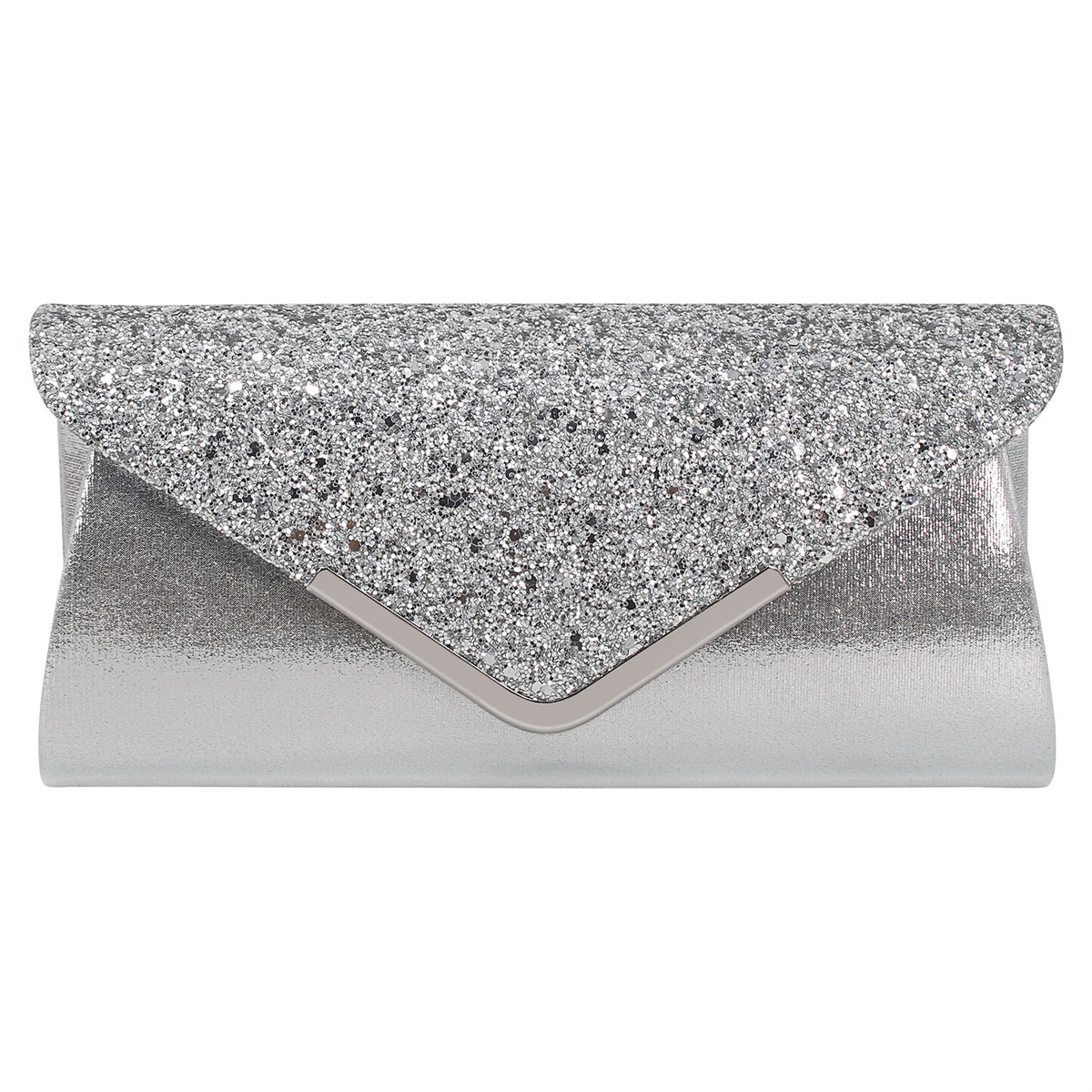 Silberne Glitzer-Clutch-Tasche. Die Tasche ist rechteckig mit spitzem Überschlag und Verschluss.