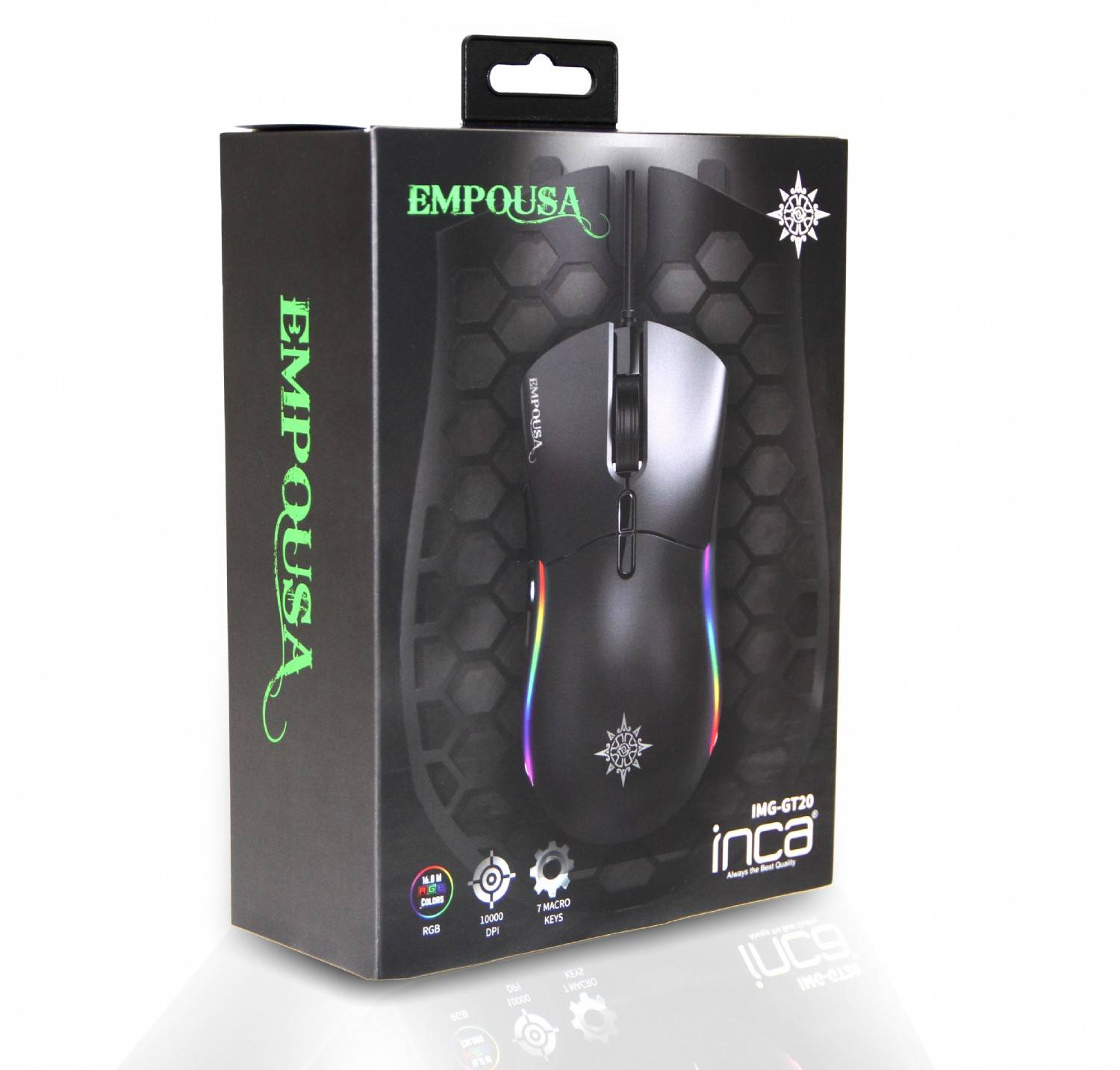 Souris gaming noire dans une boîte noire avec des lumières colorées et des logos.