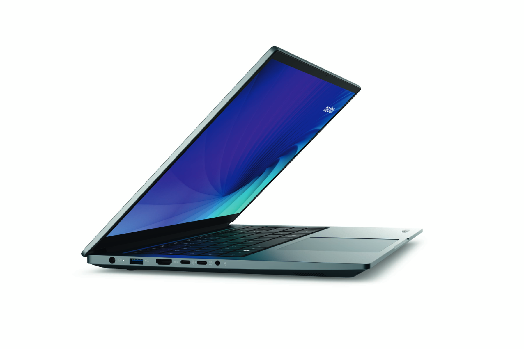 Laptop abierto, en ángulo a la derecha. La pantalla es azul y muestra un logotipo. El cuerpo es plateado.
