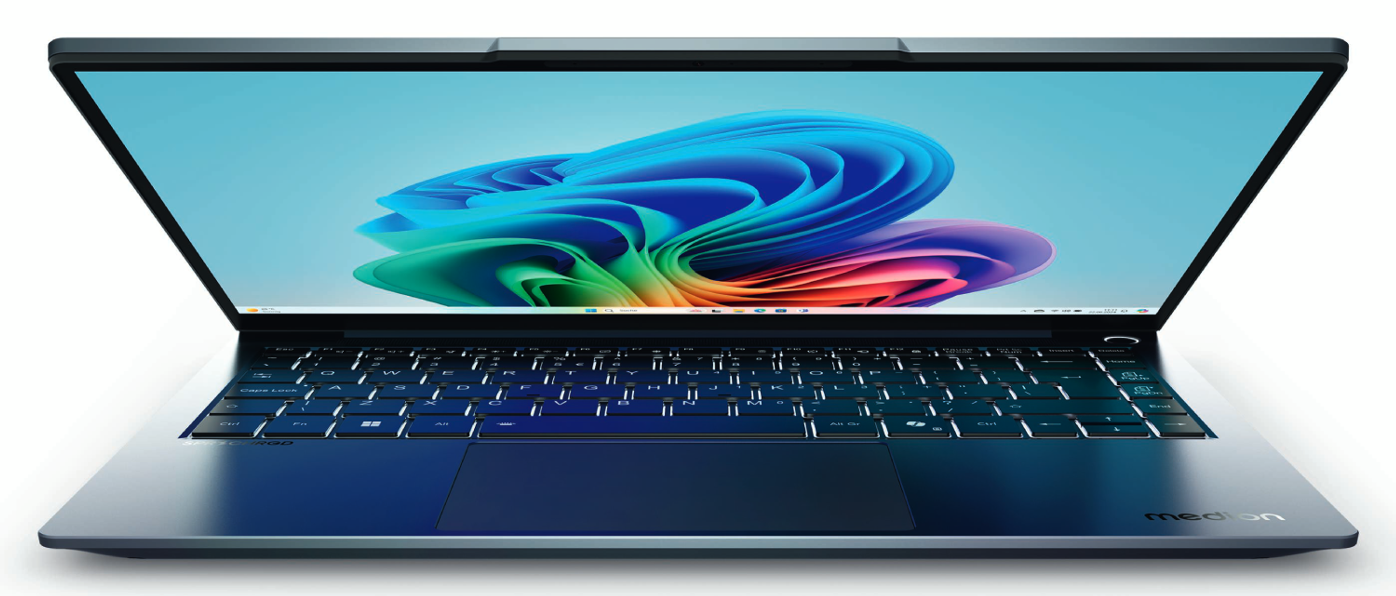 Portátil abierto con pantalla colorida. Muestra teclado y logo.