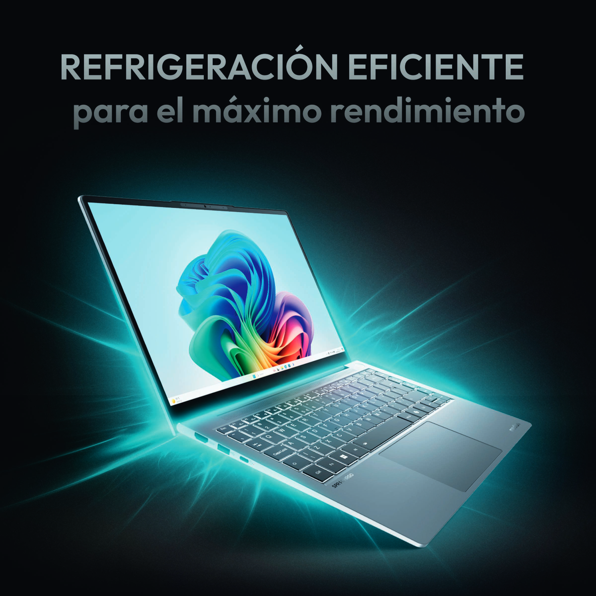 Un portátil plateado con una pantalla colorida se encuentra contra un fondo oscuro. El texto dice: REFRIGERACIÓN EFICIENTE.
