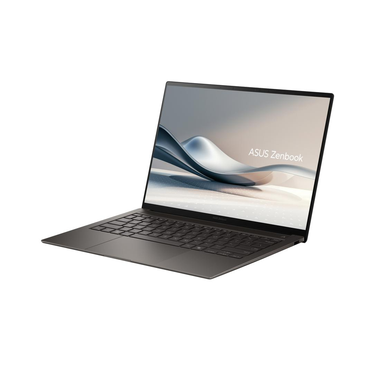 Portátil Asus Zenbook, parcialmente abierto, sobre fondo blanco.