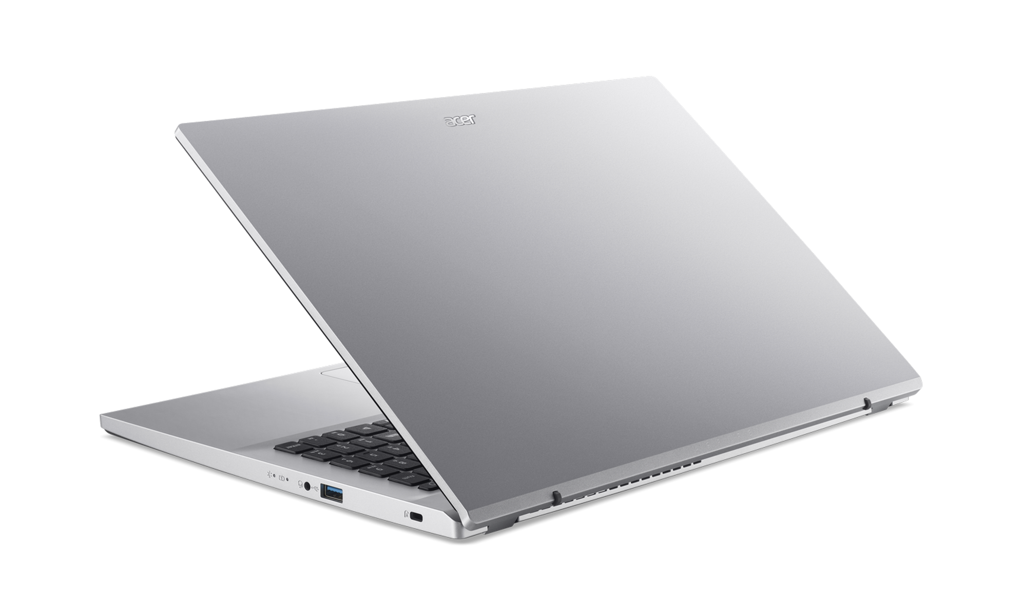 Portátil plateado, marca Acer. Parcialmente abierto, sobre fondo negro.