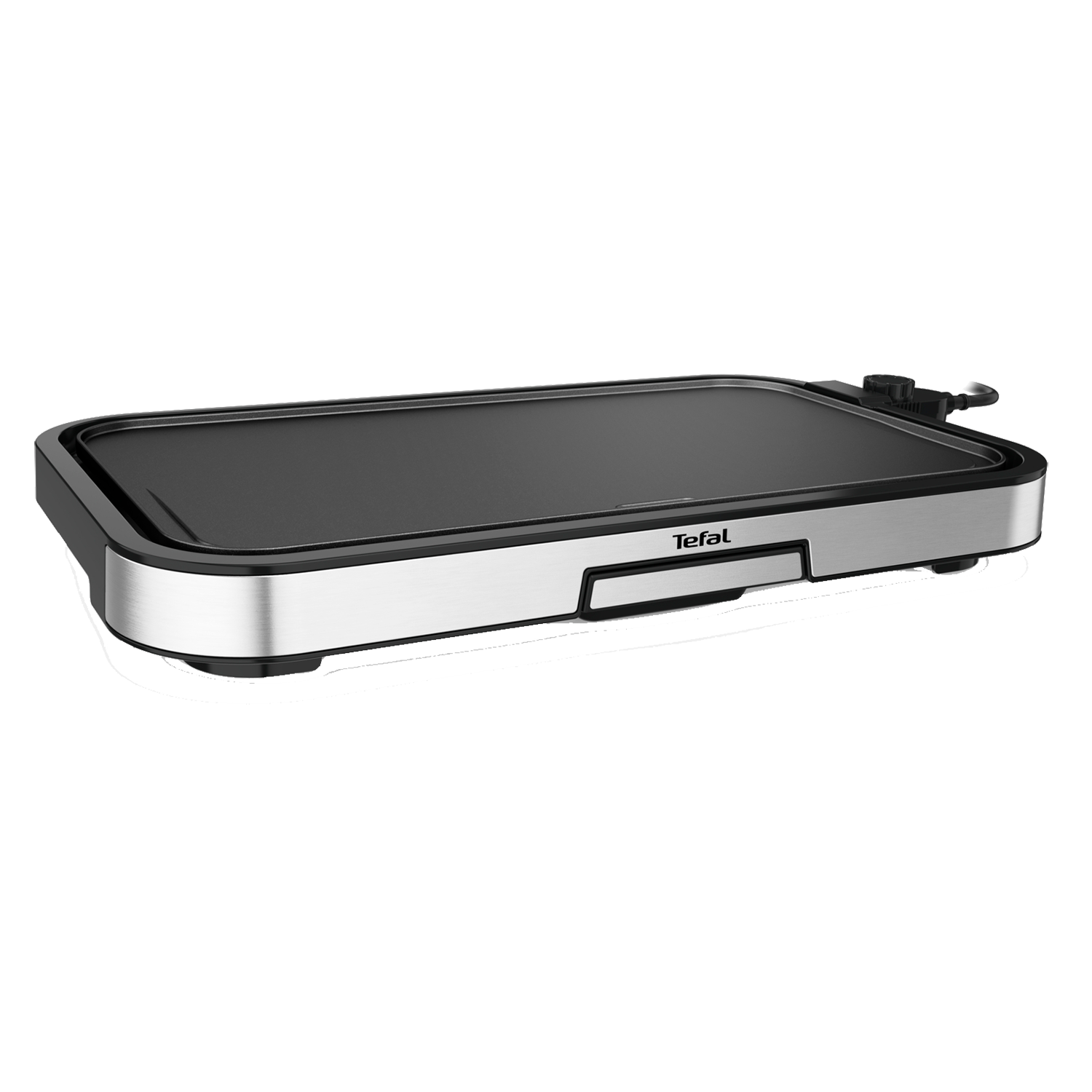 Pokazano czarną i srebrną patelnię Tefal, odizolowaną na czarnej powierzchni.