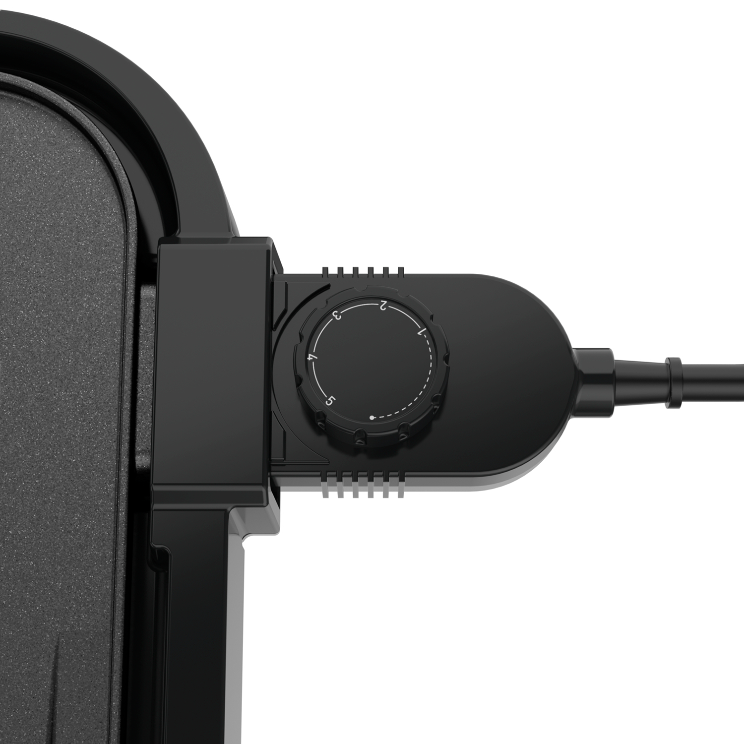 Czarny panel sterowania płyty elektrycznej. Pokrętło z cyframi 1-5 i przewód zasilający.