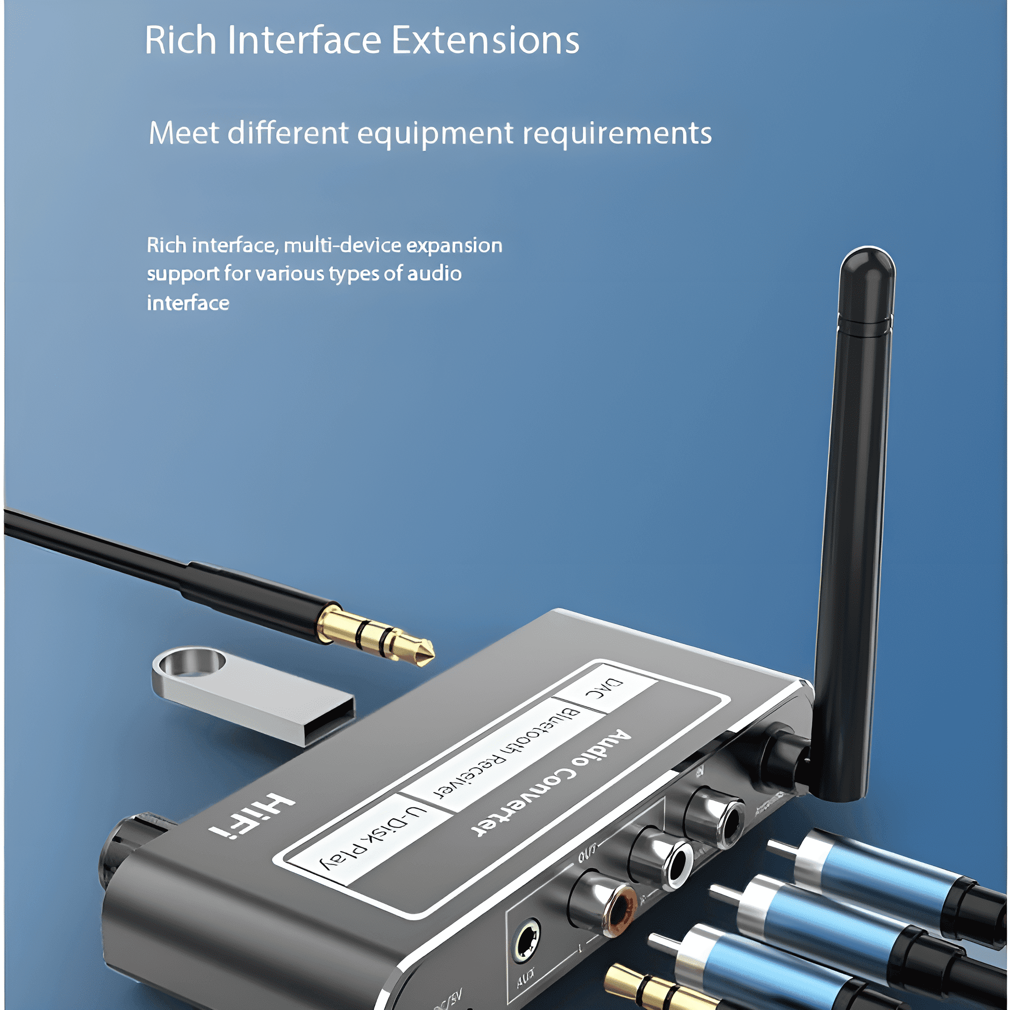 Audio-Konverter mit Kabeln und Text über Schnittstellenerweiterungen.