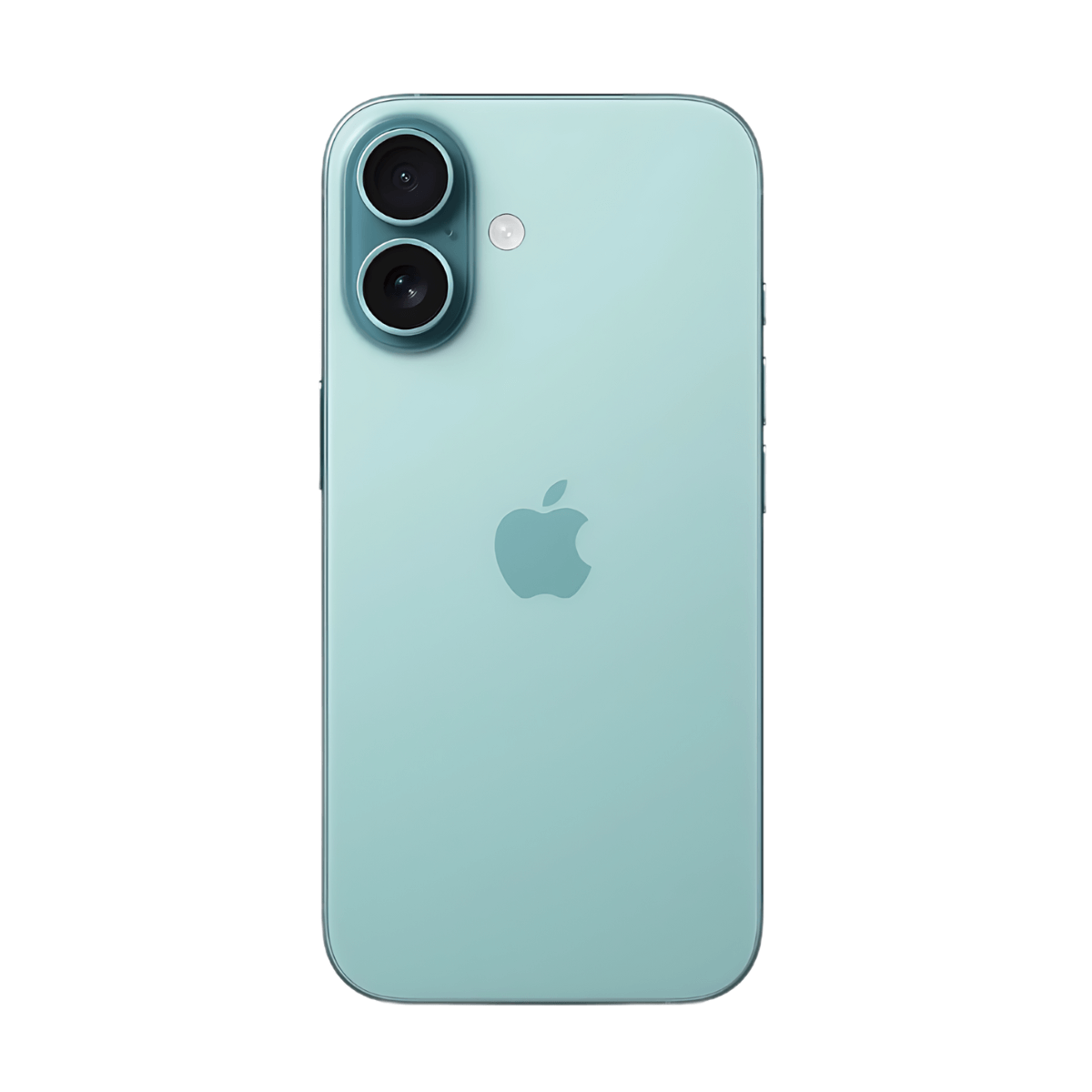 Ein hellblaues Telefon mit zwei Kameras auf der Rückseite und dem Apple-Logo.