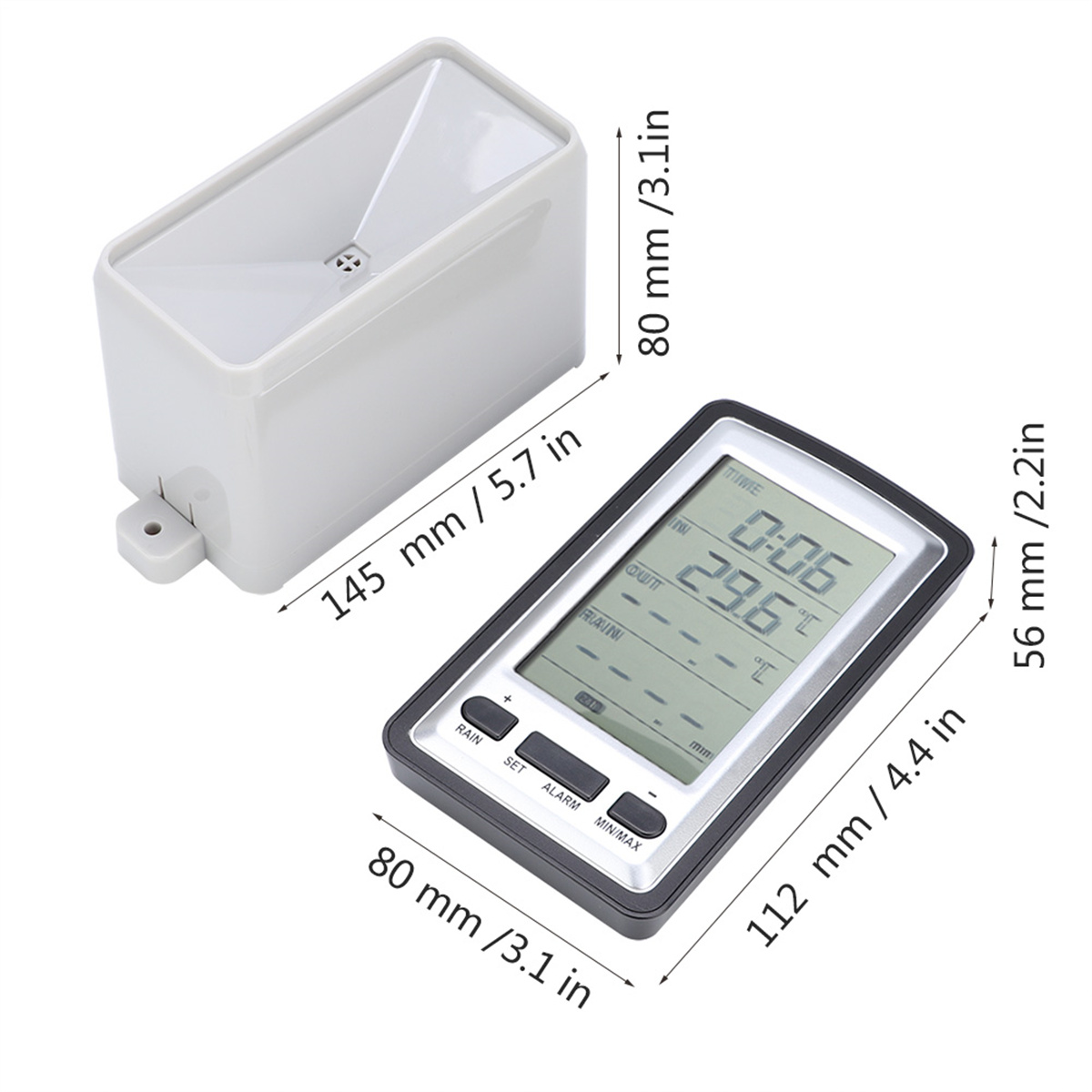 Wetterstation mit Regenmesser und LCD-Anzeige. Zeigt Zeit, Temperatur und Messwerte.