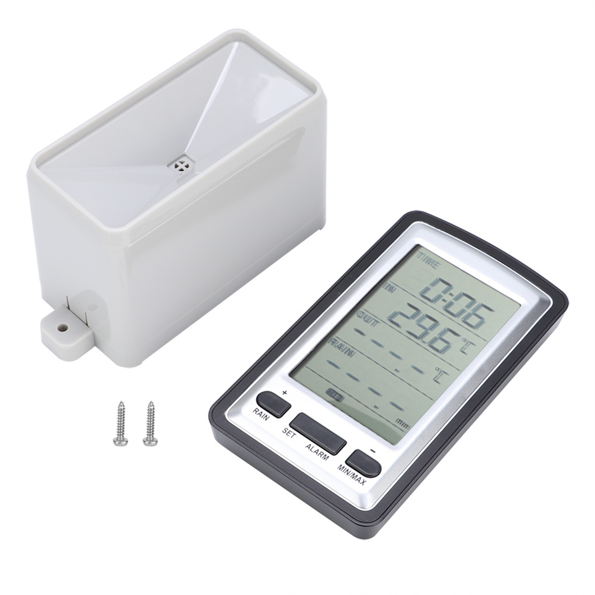 Ein weißer Regenmesser und eine schwarz-graue digitale Wetterstation mit einem Bildschirm, der Daten anzeigt.