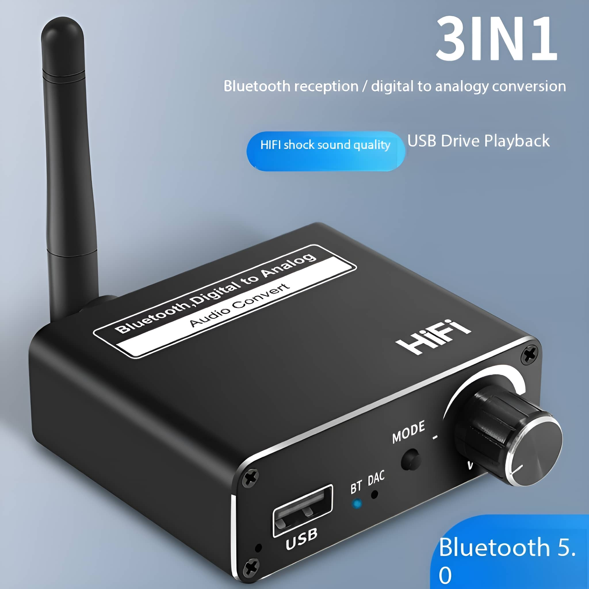 Schwarzes Gerät, Text lautet '3IN1'. Antenne oben. Knöpfe und USB-Anschluss. Weißer Hintergrund.