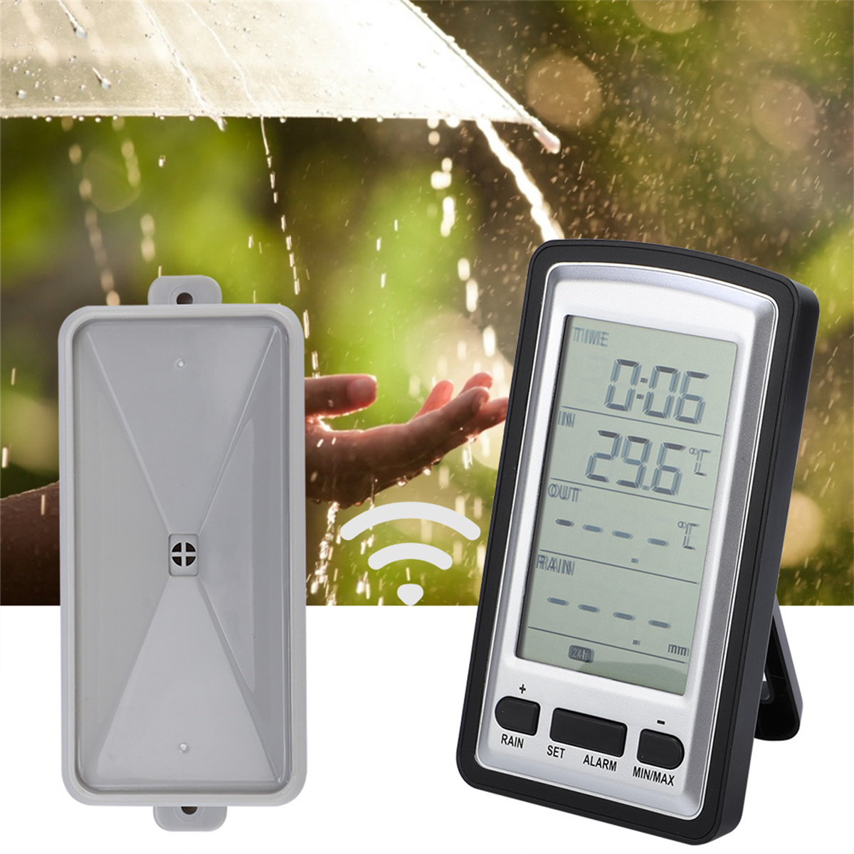 Eine Wetterstation mit Display zeigt Zeit und Temperatur. Daneben ein Regensensor.