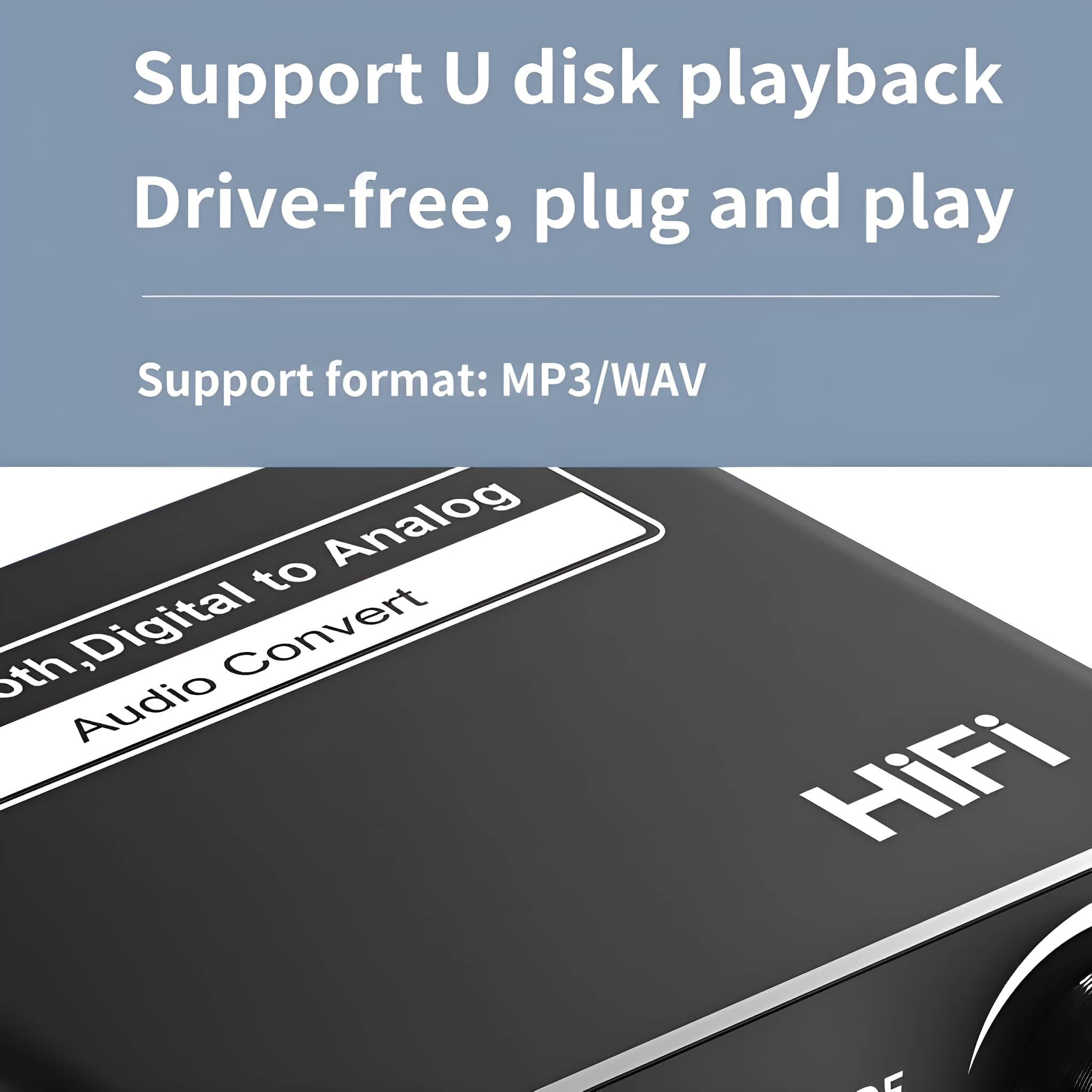 Schwarzes Gerät mit Text: Unterstützung für U-Disk-Wiedergabe, ohne Treiber, Plug & Play.