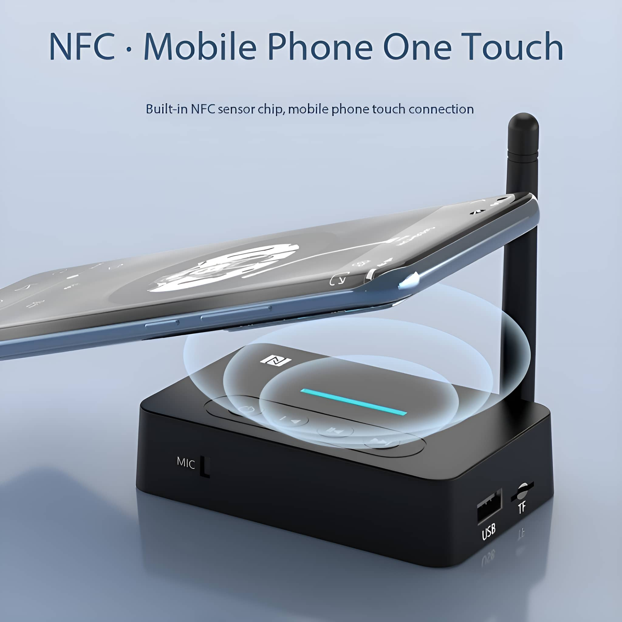 Ein Telefon berührt ein schwarzes NFC-Gerät. Text oben: NFC - Mobile Phone One Touch.