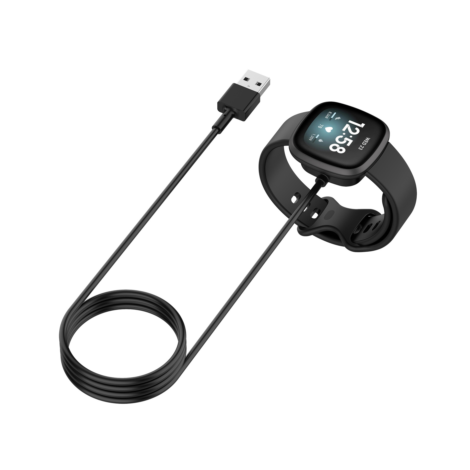 Schwarze Smartwatch, verbunden mit einem schwarzen USB-Kabel. Die Uhr zeigt 12:58 an.
