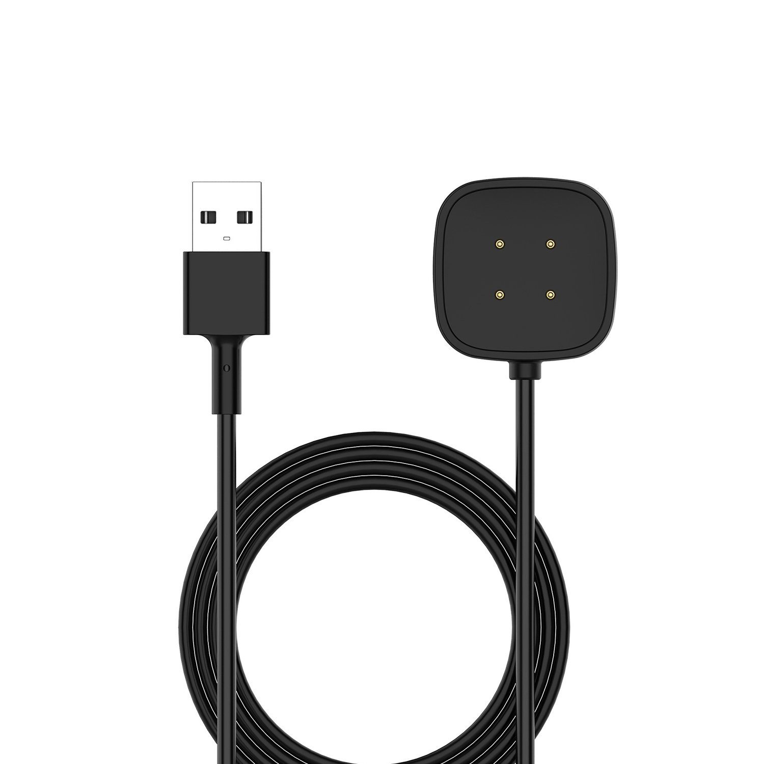 Schwarze Ladestation mit USB-Kabel. Schwarz und weiß. Weißer Hintergrund.