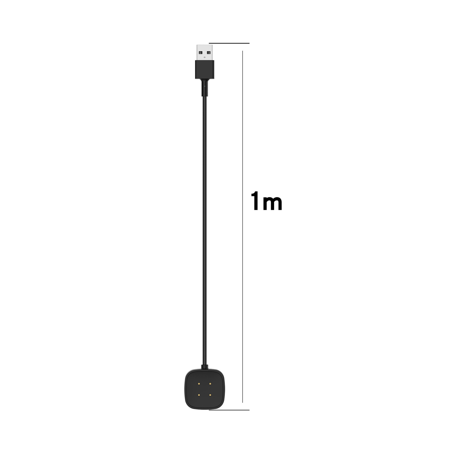Schwarzes USB-Ladekabel mit Ladeanschluss und 1m Länge markiert.