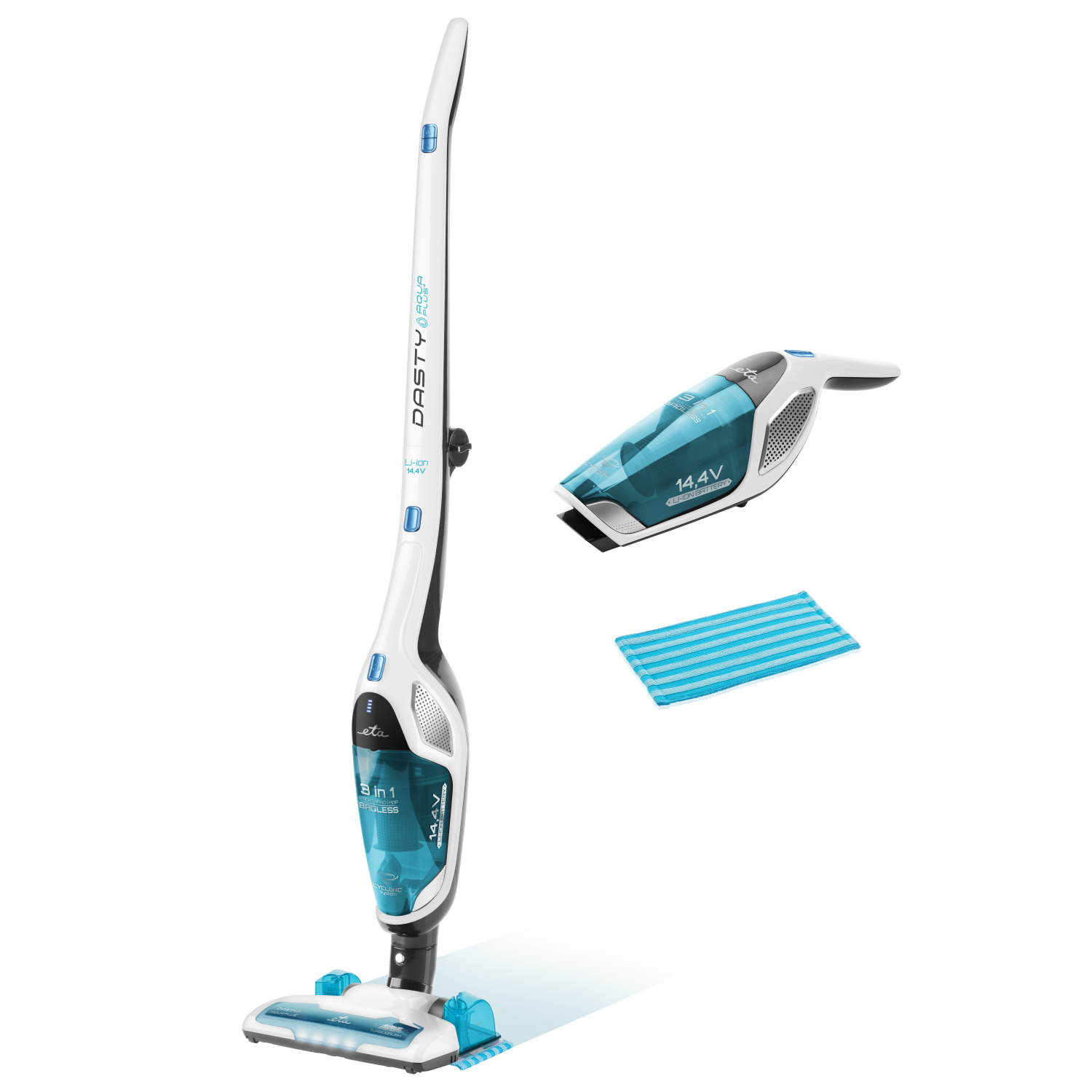 Un aspirapolvere senza fili con corpo bianco e testina blu e bianca, con accessori.