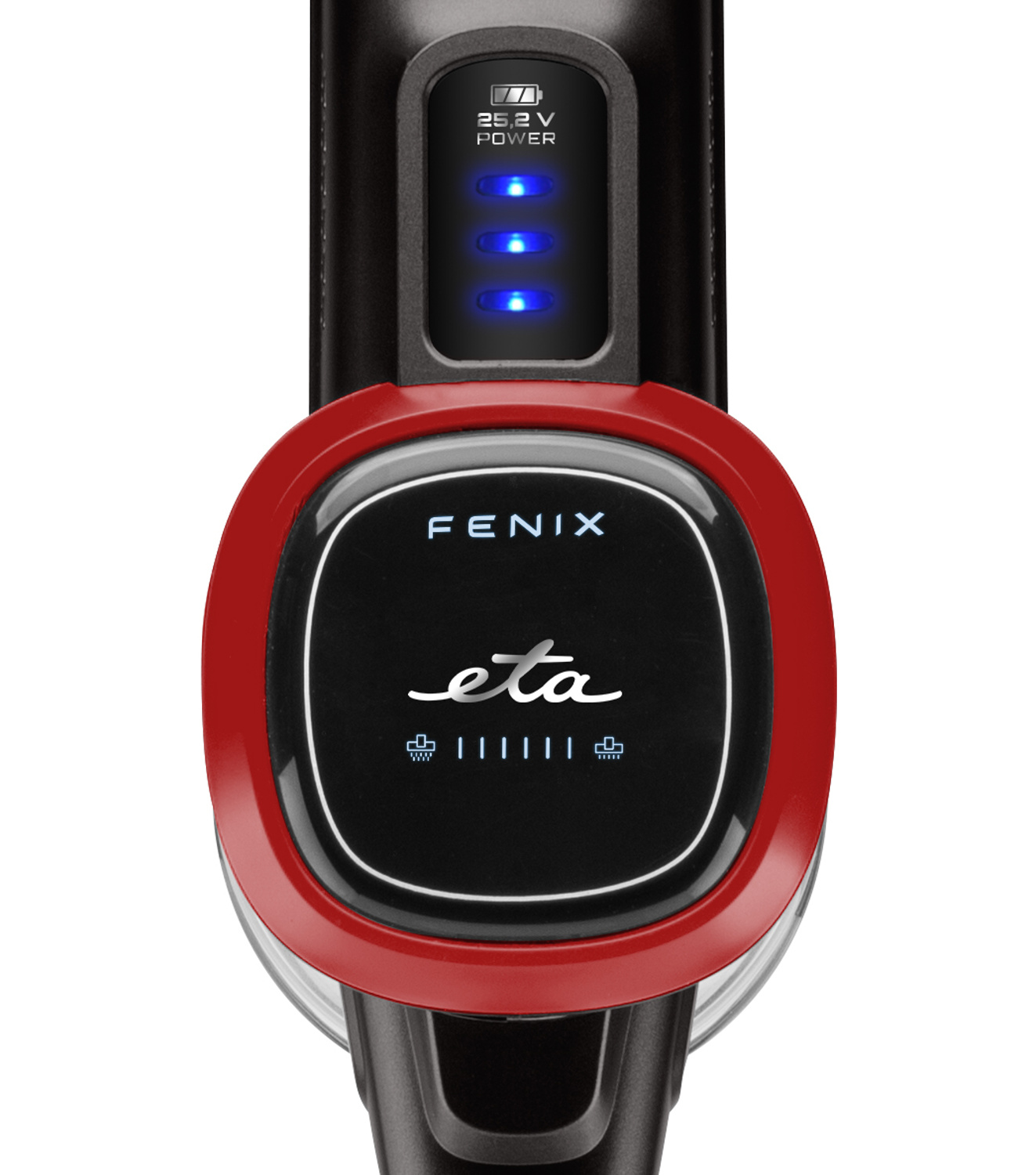 Nahaufnahme eines schwarzen und roten Staubsaugerkopfes mit FENIX- und eta-Logo. Leistungs- und Batterieanzeigen sichtbar.
