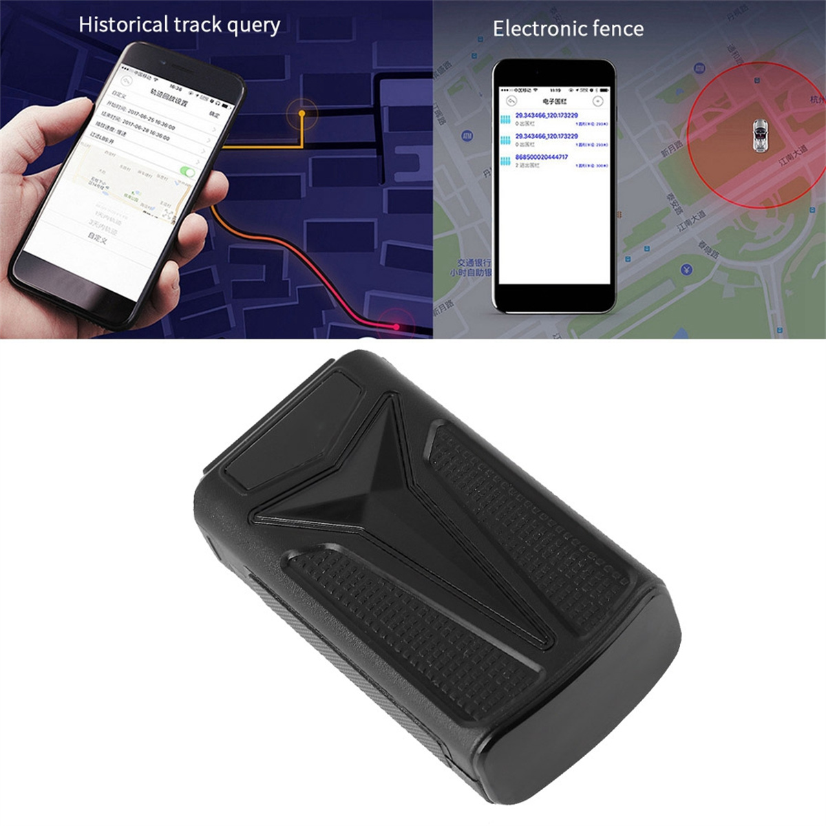 Oben: Telefon mit Karten-App. Unten: Schwarzes GPS-Tracker-Gerät.