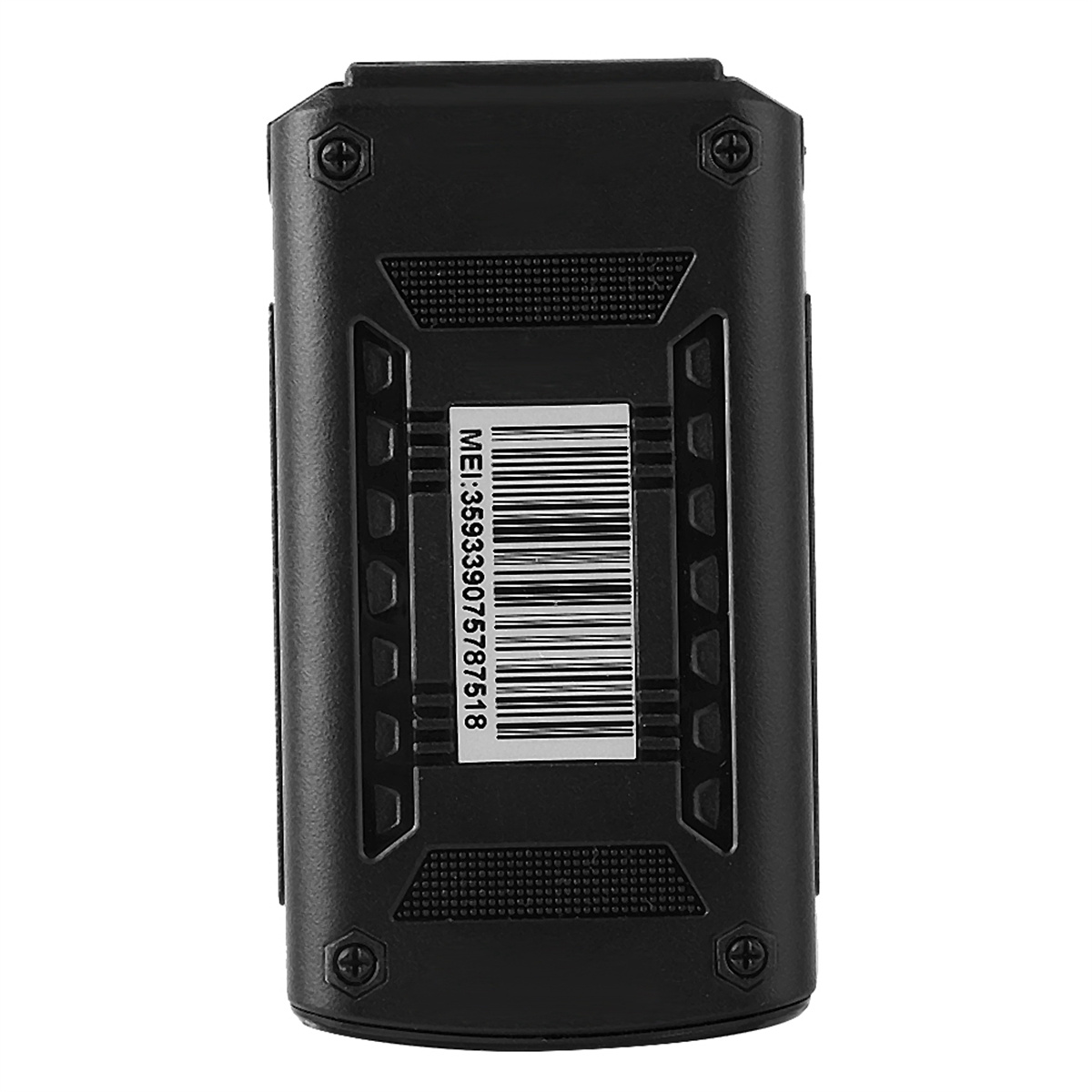 Nahaufnahme eines schwarzen Geräts mit Barcode-Etikett. Das Gerät hat eine robuste Textur.