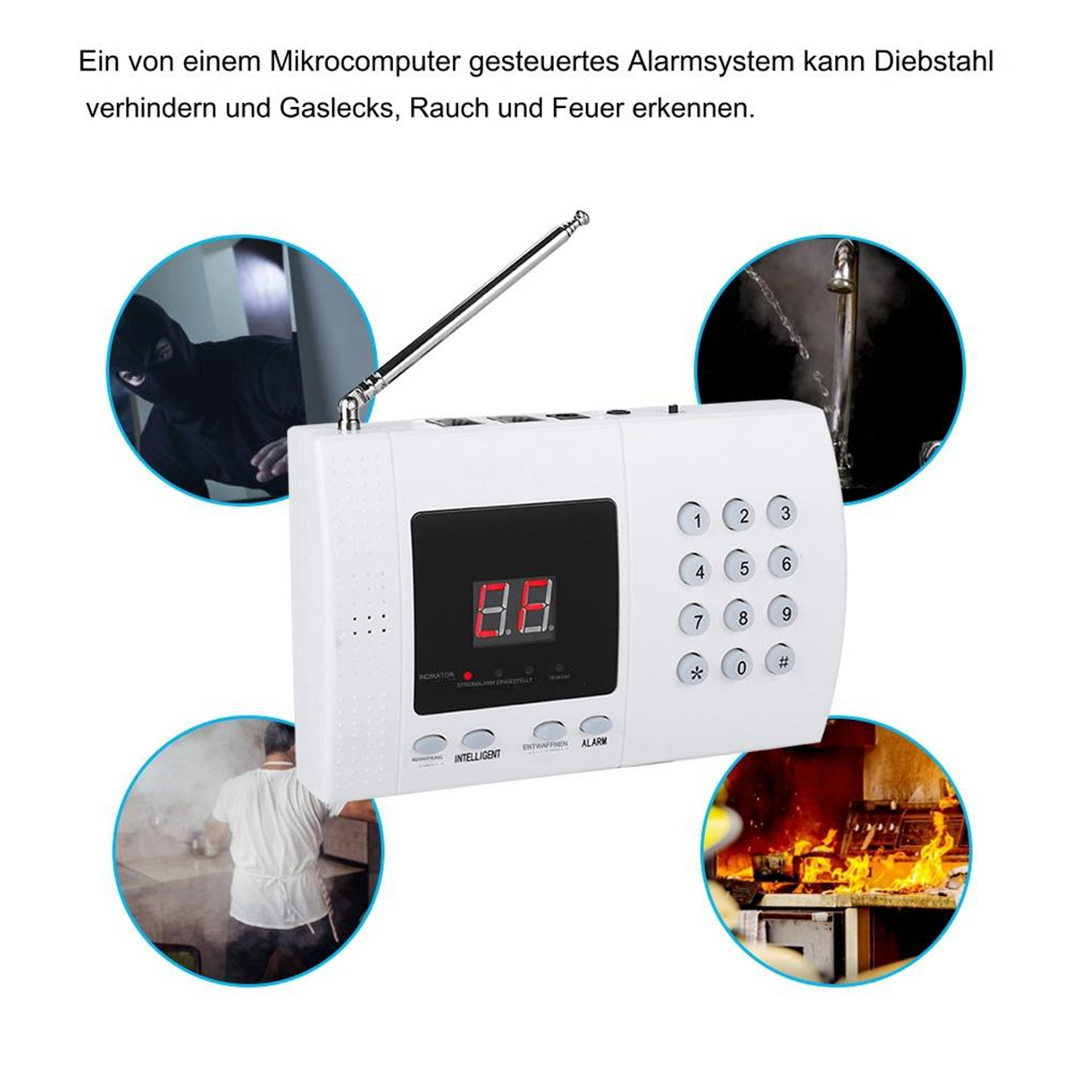 Weißer Sicherheitsalarm mit digitaler Anzeige und Tastatur; enthält vier Szenen-Ausschnitte.