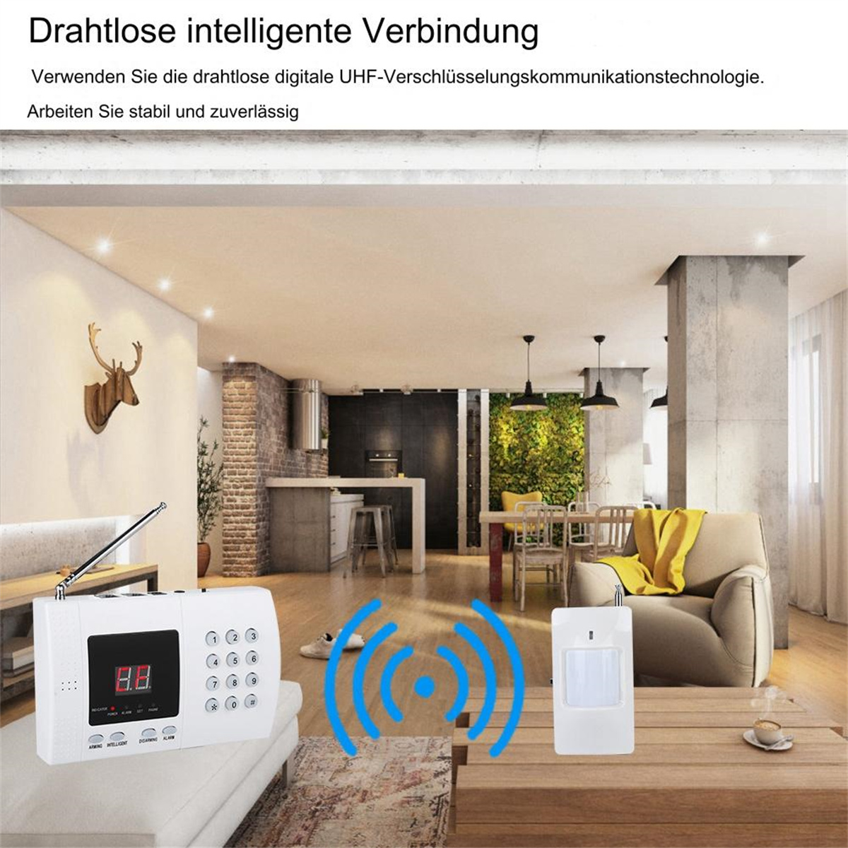 Innenansicht eines modernen Zuhauses. Ein Sicherheitssystem befindet sich auf einem Tisch, mit einem Bewegungssensor und Funk-Symbol.