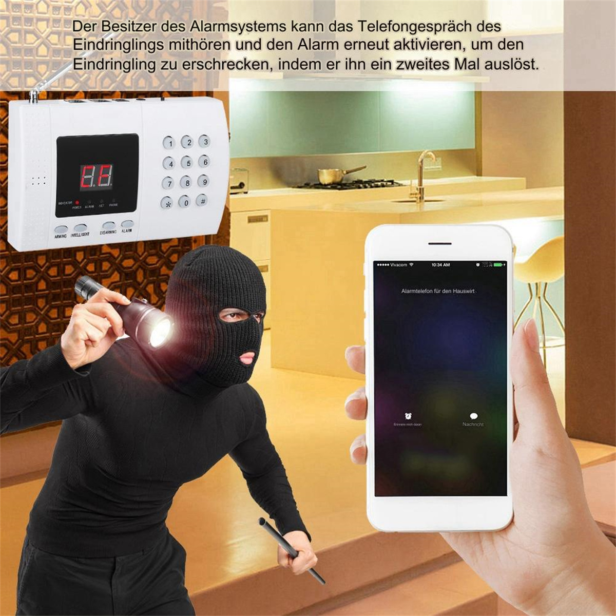 Ein Mann in Sturmhaube und ein Telefon mit Einbruchalarm. Küche im Hintergrund.