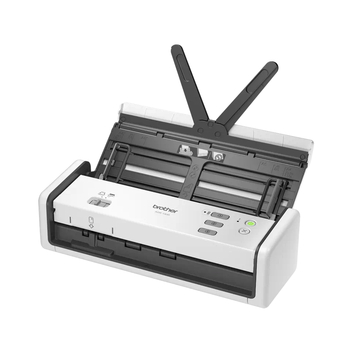 Biały skaner Brother z otwartą pokrywą. Skaner znajduje się na czarnym tle.