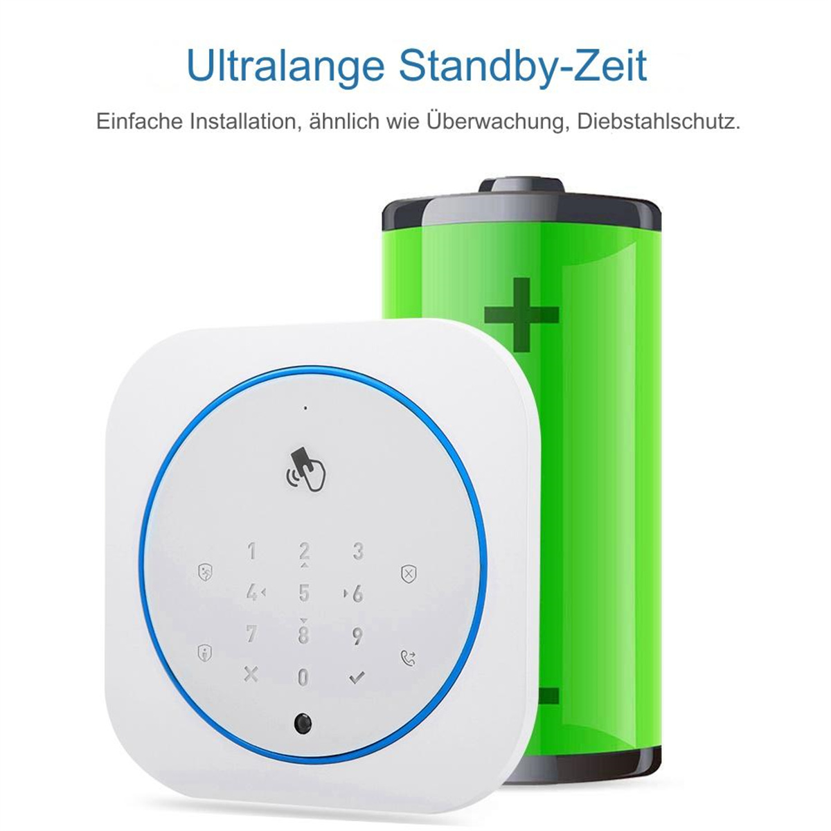 Weißes Sicherheitssystem-Tastaturfeld mit Zahlen und Tasten, neben einer grünen Batterie.