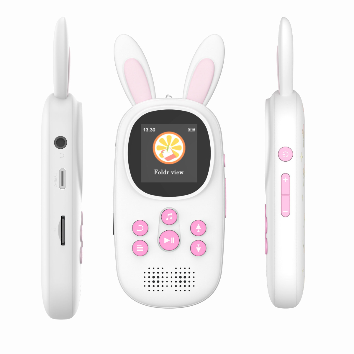 Weißer Babyphone-Monitor in Hasenform mit Bildschirm und Bedienelementen. Weißer Hintergrund.