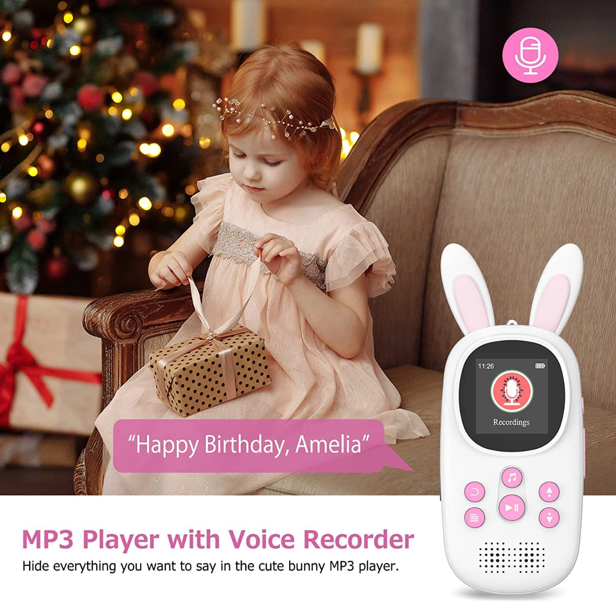Ein Mädchen mit Hasenohren hält ein Geschenk. Daneben ein MP3-Player in Hasenform mit Aufnahme.