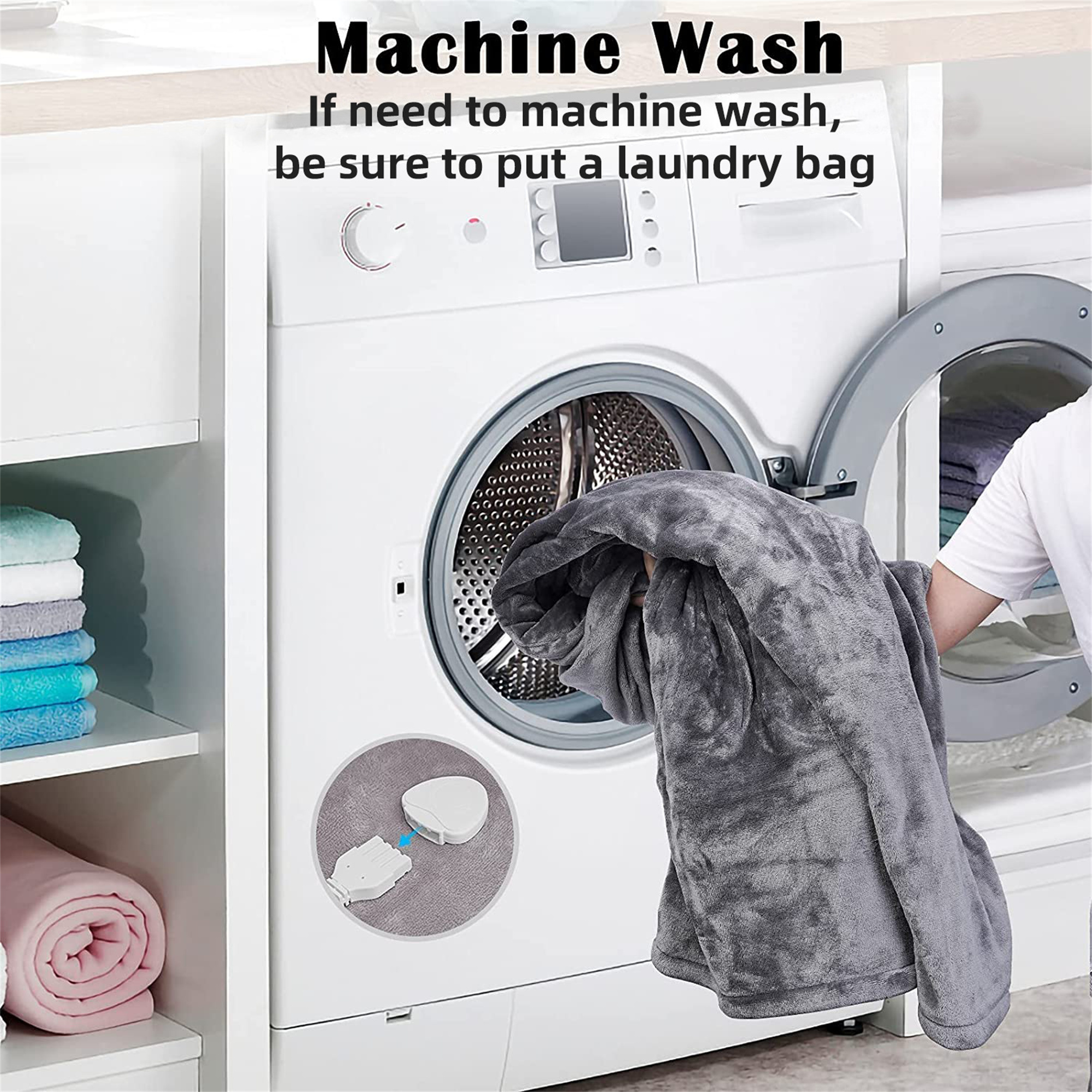 Waschmaschine mit einer Decke. Text: „Bei Maschinenwäsche unbedingt einen Wäschesack verwenden“.