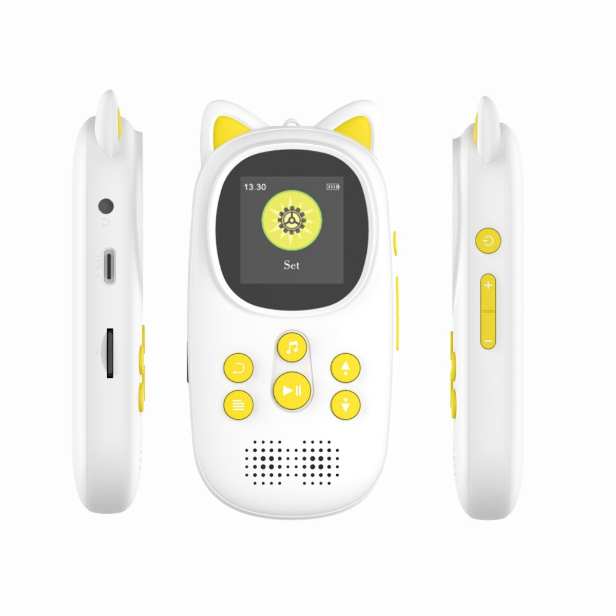 Weißer und gelber digitaler Musikplayer für Kinder. Drei Ansichten. Knöpfe und ein Bildschirm. Weißer Hintergrund.