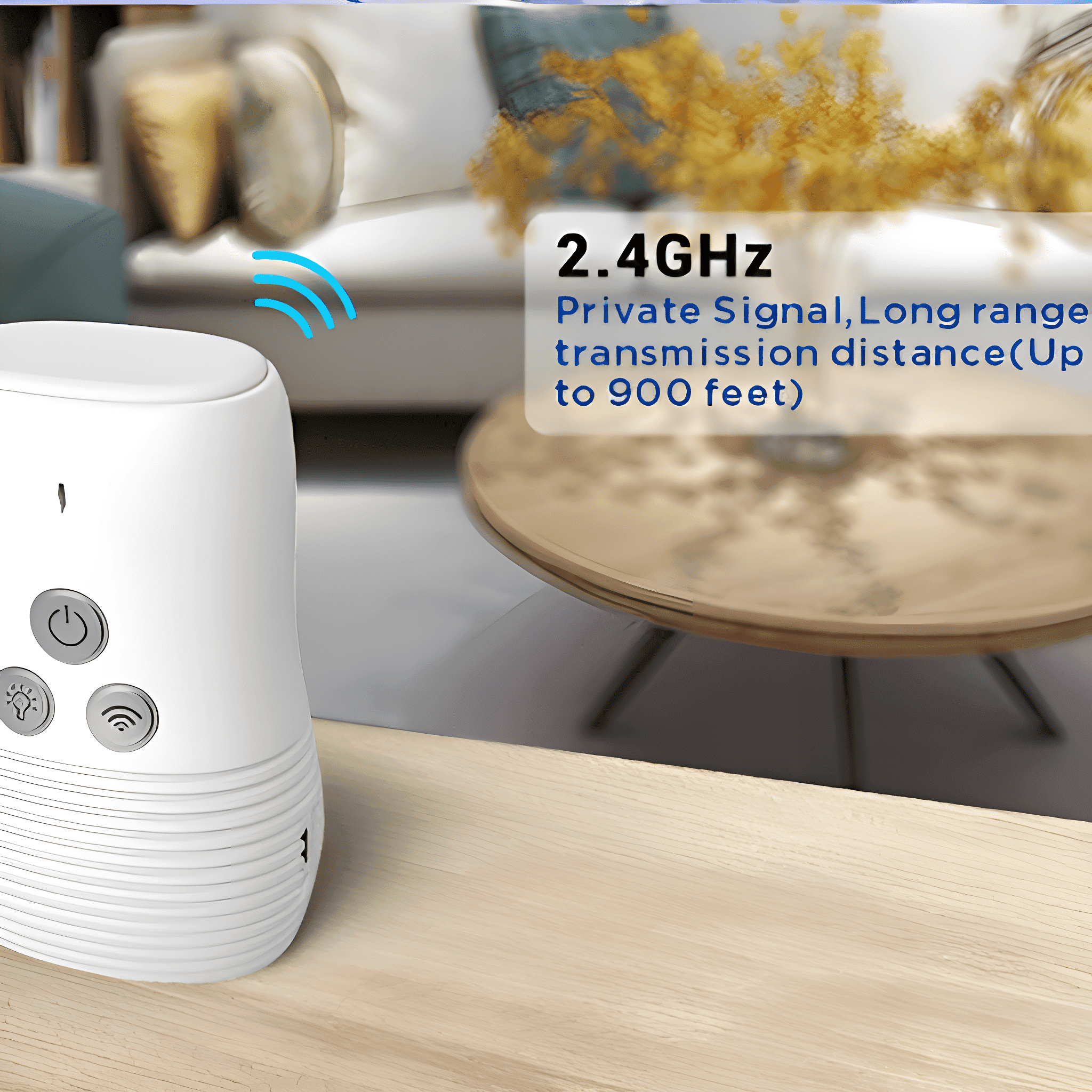 Weißes, zylindrisches Gerät mit Knöpfen, Text zum 2,4-GHz-Signal.