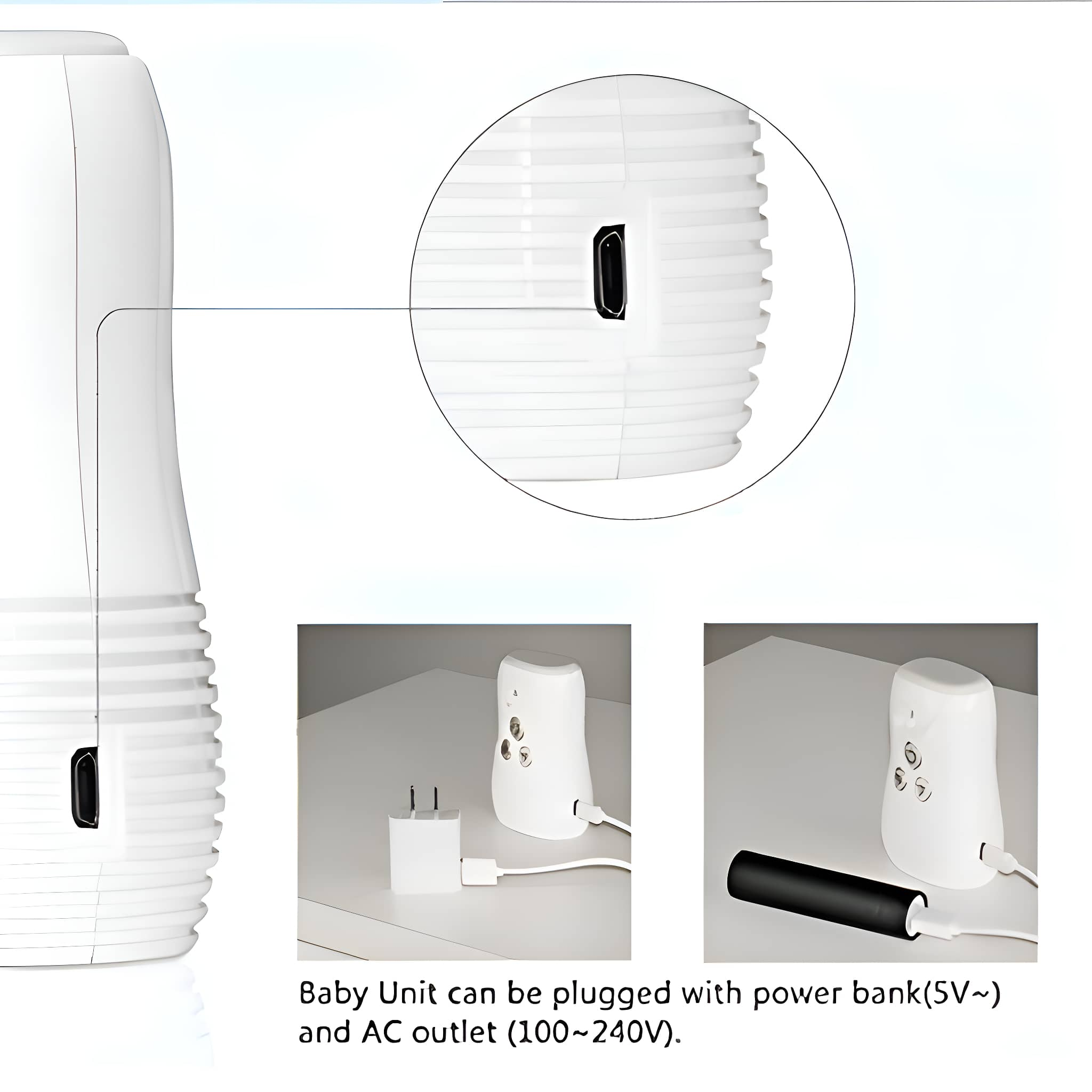 Eine weiße Babyeinheit mit schwarzem Stecker. Sie kann mit einer Powerbank und einer Steckdose verbunden werden.