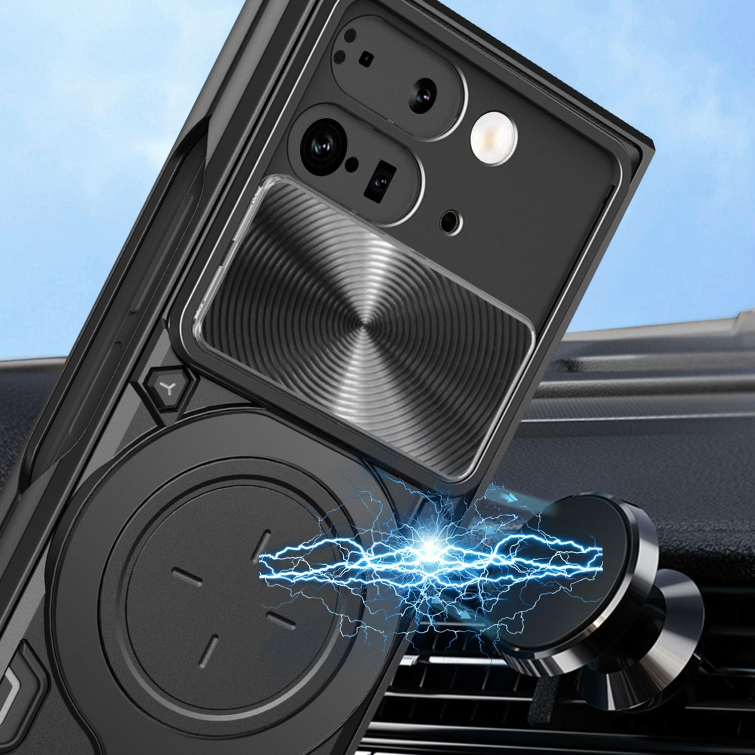 Schwarze Handyhülle, silberne Metallhalterung, blauer Blitzeffekt. Das Telefon ist an der Halterung befestigt.