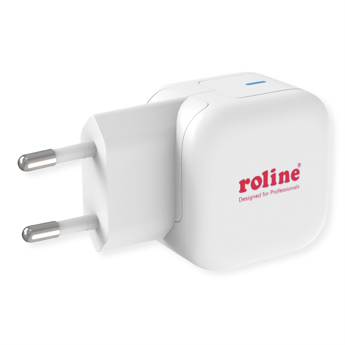 Adaptateur secteur blanc avec deux broches. Le nom de la marque, Roline, est imprimé.